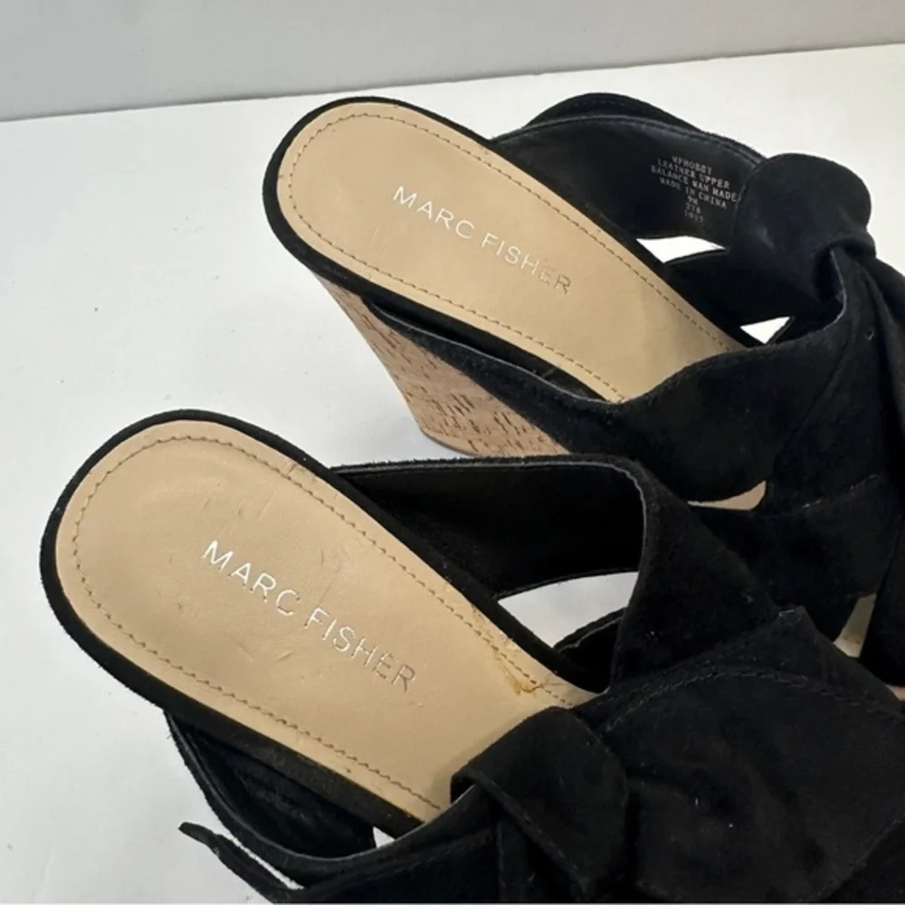Marc Fisher Women's Hobby Sandal Sz 9 Cork Wedge Platform Suede Black Slide Knot